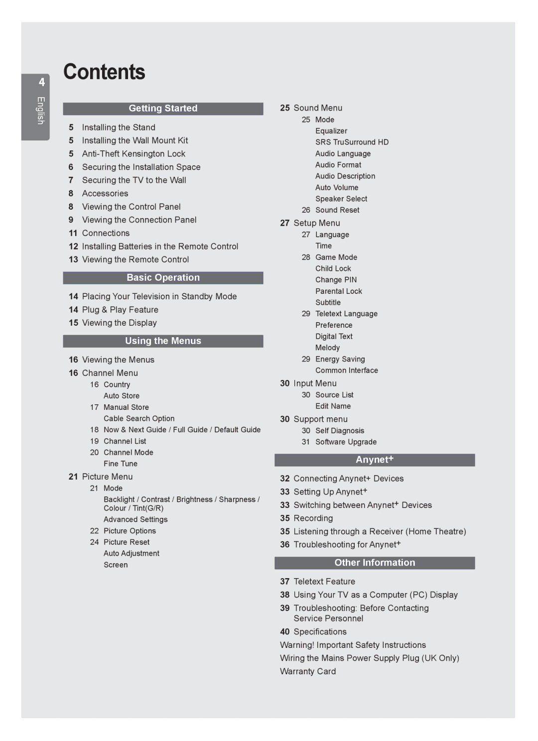 Samsung WD1450, VT2570, WD1950, WD4050, WD4550 user manual Contents 