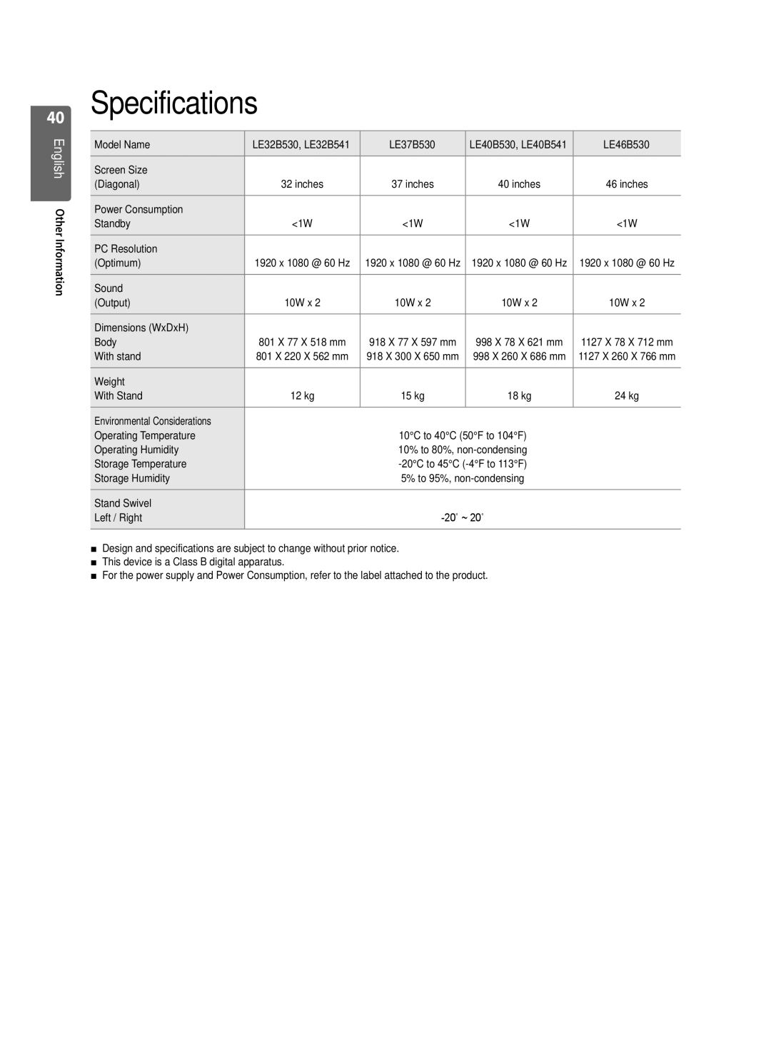 Samsung VT2570, WD1950, WD4050, WD4550, WD1450 user manual Specifications 