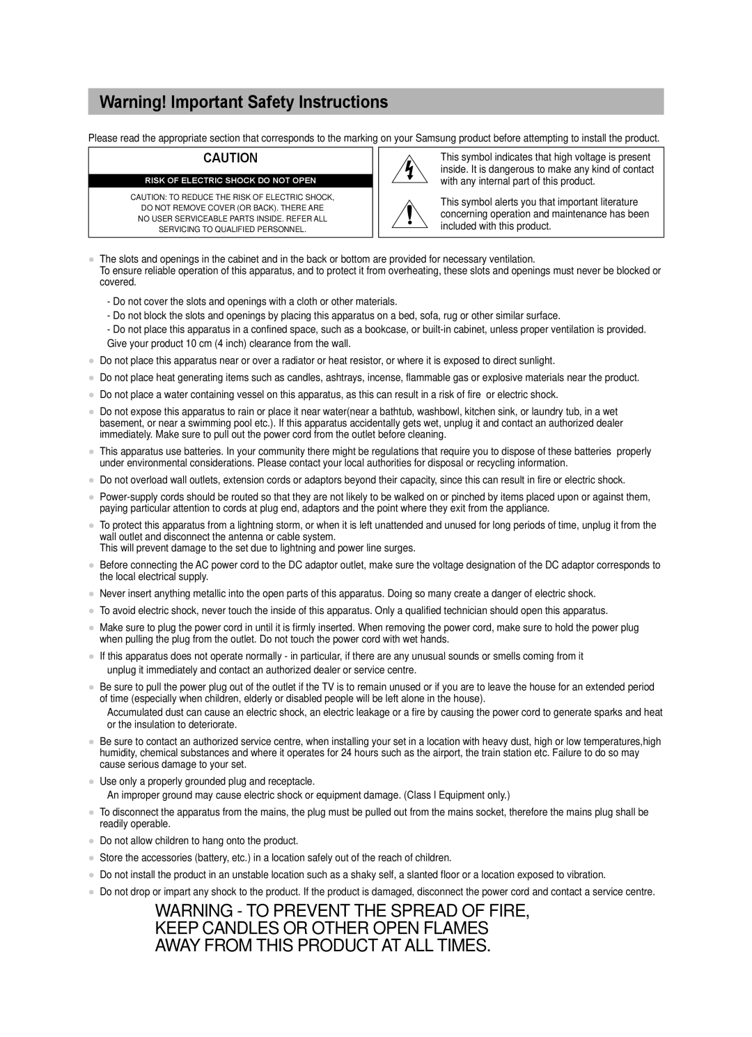 Samsung WD1950, VT2570, WD4050, WD4550, WD1450 user manual Risk of Electric Shock do not Open 