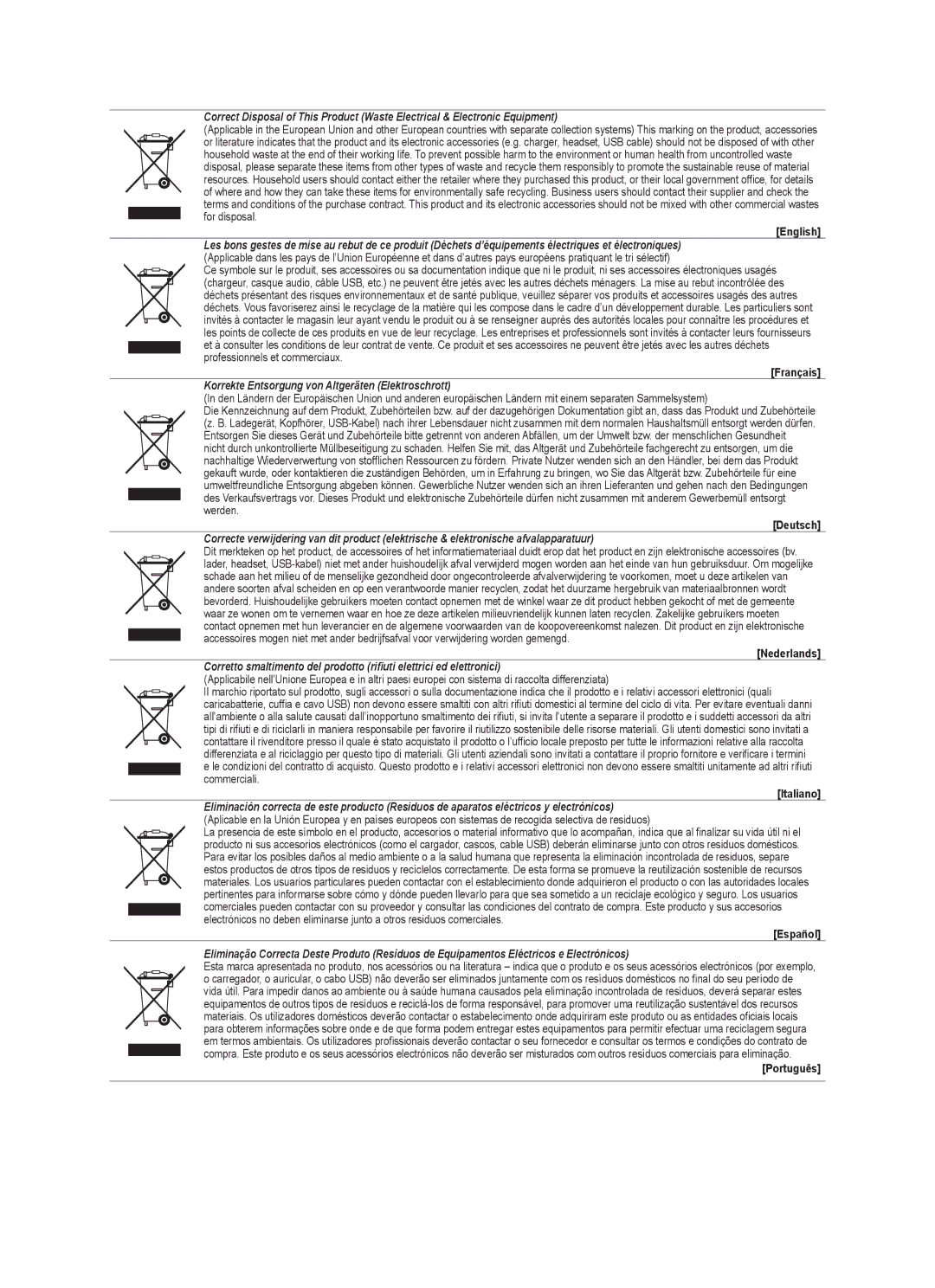 Samsung WD4550, VT2570, WD1950, WD4050, WD1450 user manual Korrekte Entsorgung von Altgeräten Elektroschrott 