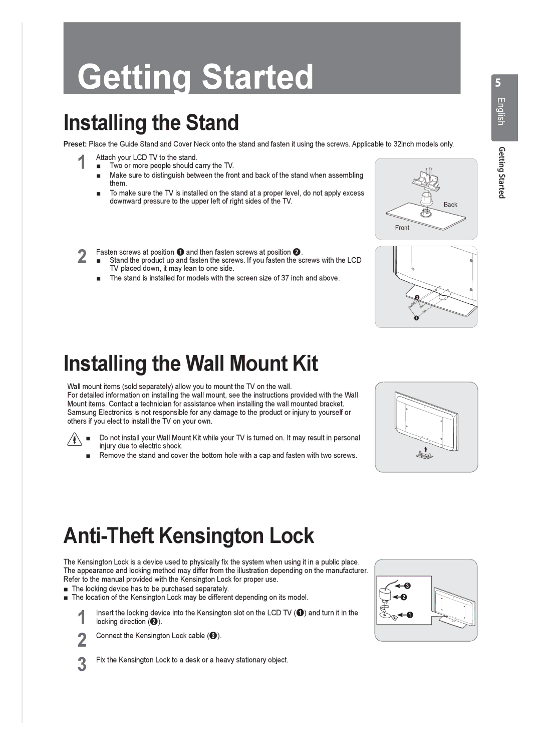 Samsung VT2570 Installing the Stand, Installing the Wall Mount Kit, Anti-Theft Kensington Lock, English Getting Started 