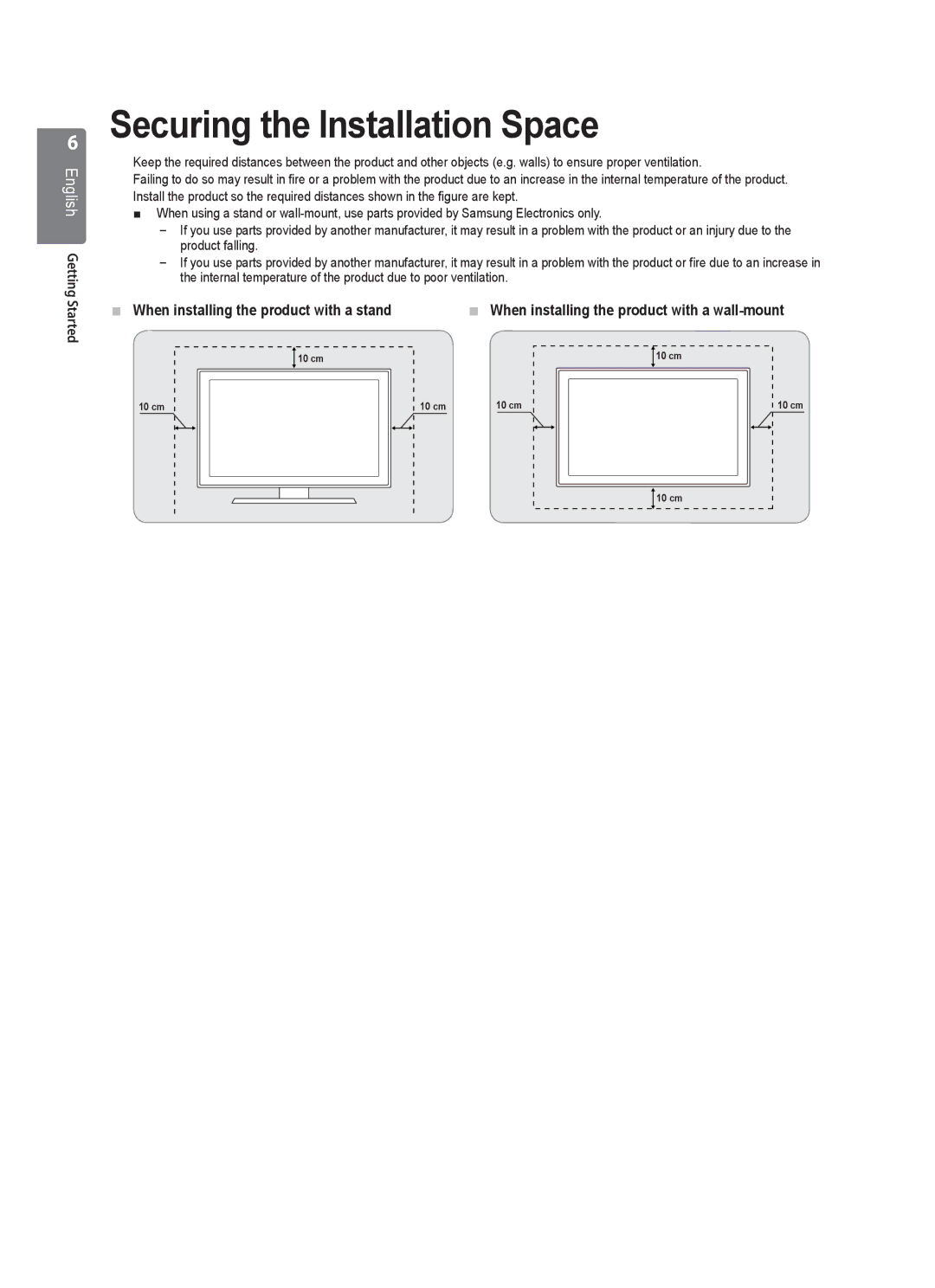 Samsung WD1950, VT2570 Securing the Installation Space, When installing the product with a wall-mount, Getting Started 