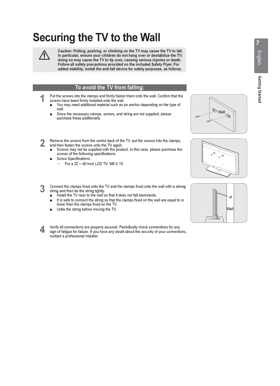 Samsung WD4050, VT2570, WD1950, WD4550, WD1450 user manual Securing the TV to the Wall, Untie the string before moving the TV 