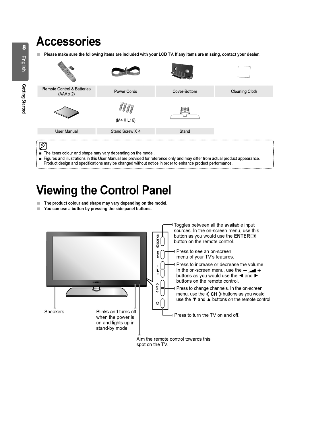 Samsung WD4550, VT2570, WD1950, WD4050, WD1450 user manual Accessories, Viewing the Control Panel 