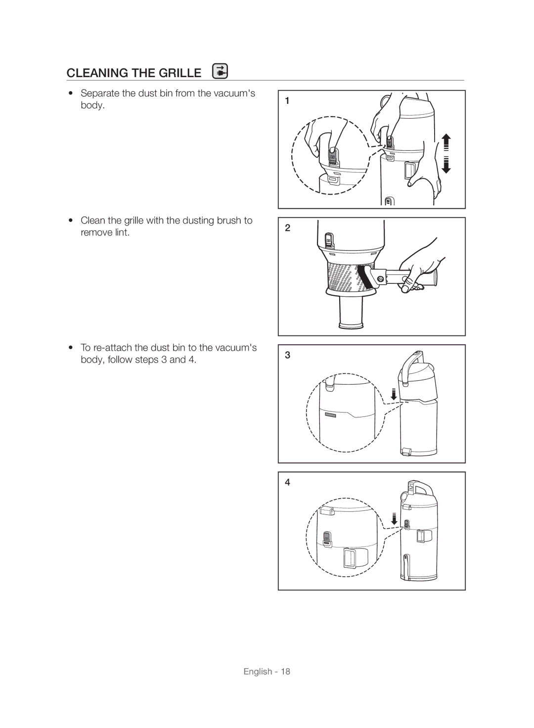 Samsung VU10F40SBDD/EU, VU10F40SBDD/ML manual Cleaning the Grille 