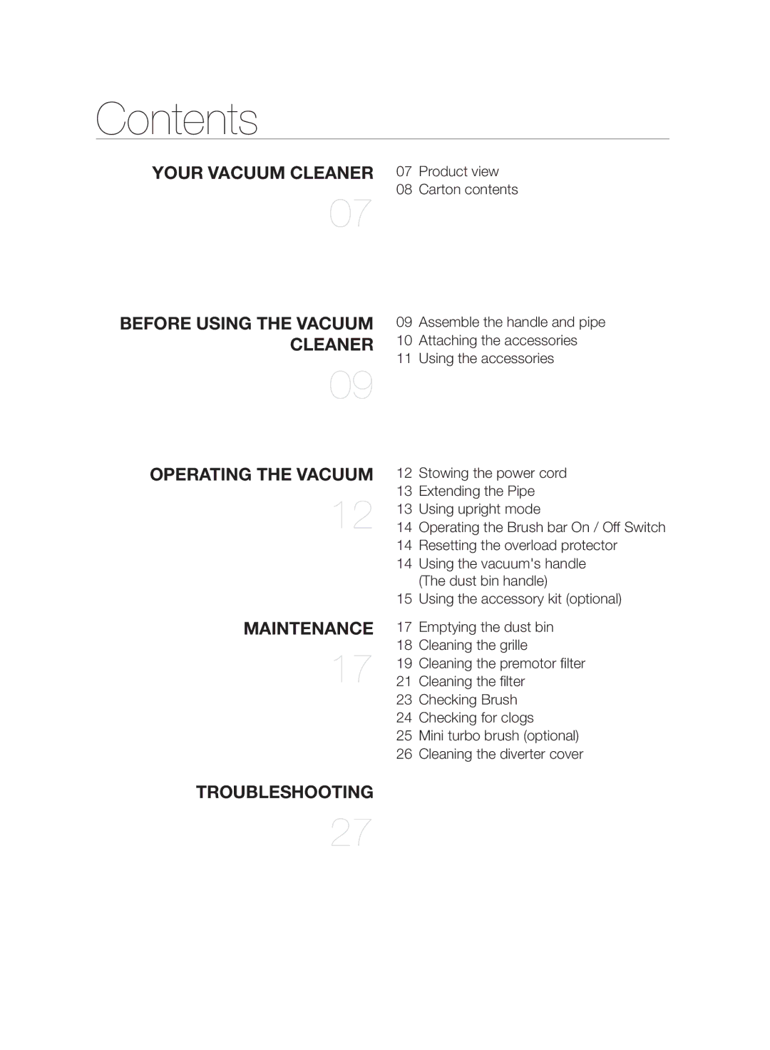 Samsung VU10F40SBDD/EU, VU10F40SBDD/ML manual Contents 