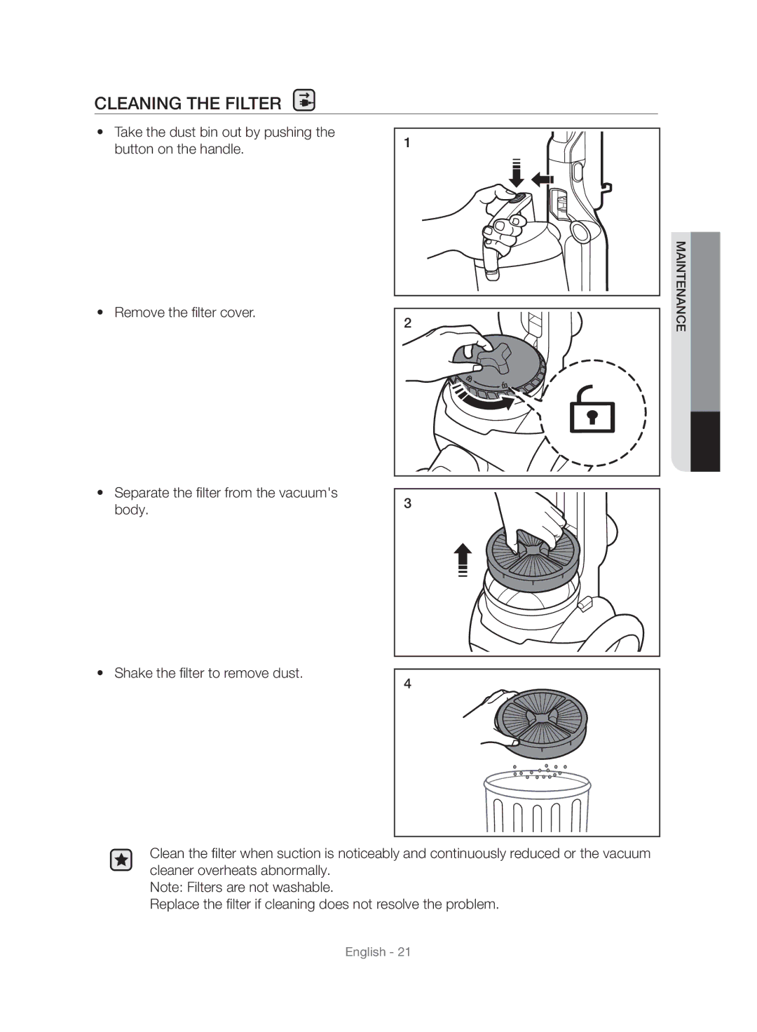 Samsung VU10F40SBDD/ML, VU10F40SBDD/EU manual Cleaning the Filter 