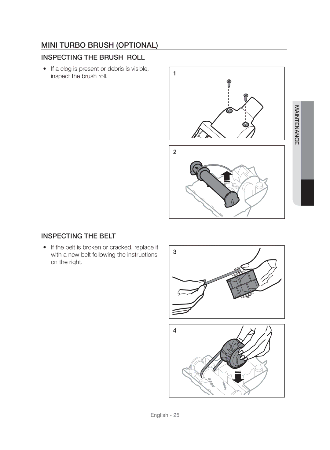 Samsung VU10F40SBDD/ML, VU10F40SBDD/EU manual Mini Turbo Brush Optional, Inspecting the Belt 