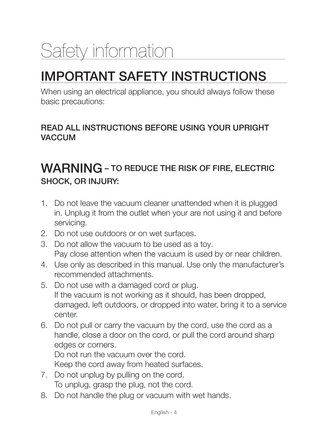 Samsung VU10F40SBDD/EU, VU10F40SBDD/ML manual Important Safety Instructions 