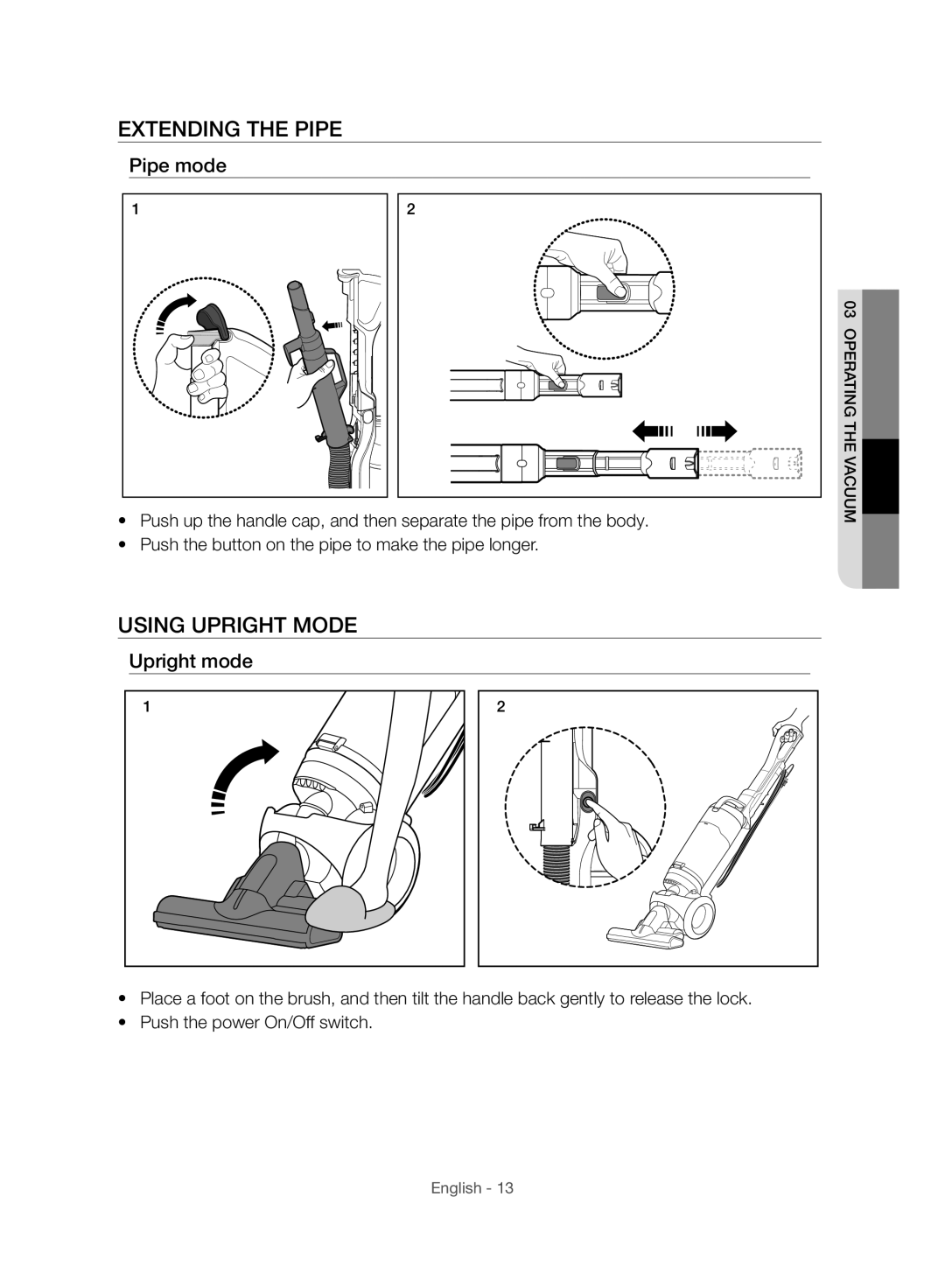 Samsung VU10F40SBDD/ML, VU10F40SBDD/EU manual Extending the Pipe, Using Upright Mode 