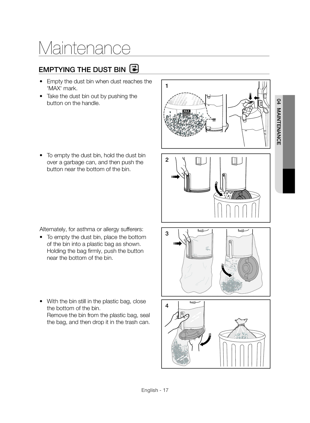 Samsung VU10F40SBDD/ML, VU10F40SBDD/EU manual Maintenance, Emptying the Dust BIN 