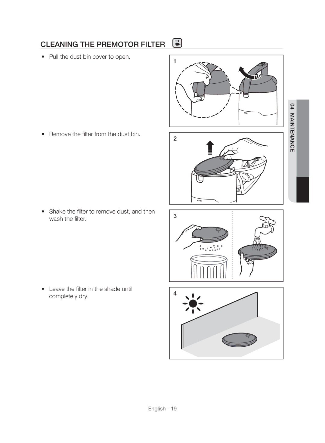 Samsung VU10F40SBDD/ML, VU10F40SBDD/EU manual Cleaning the Premotor Filter 