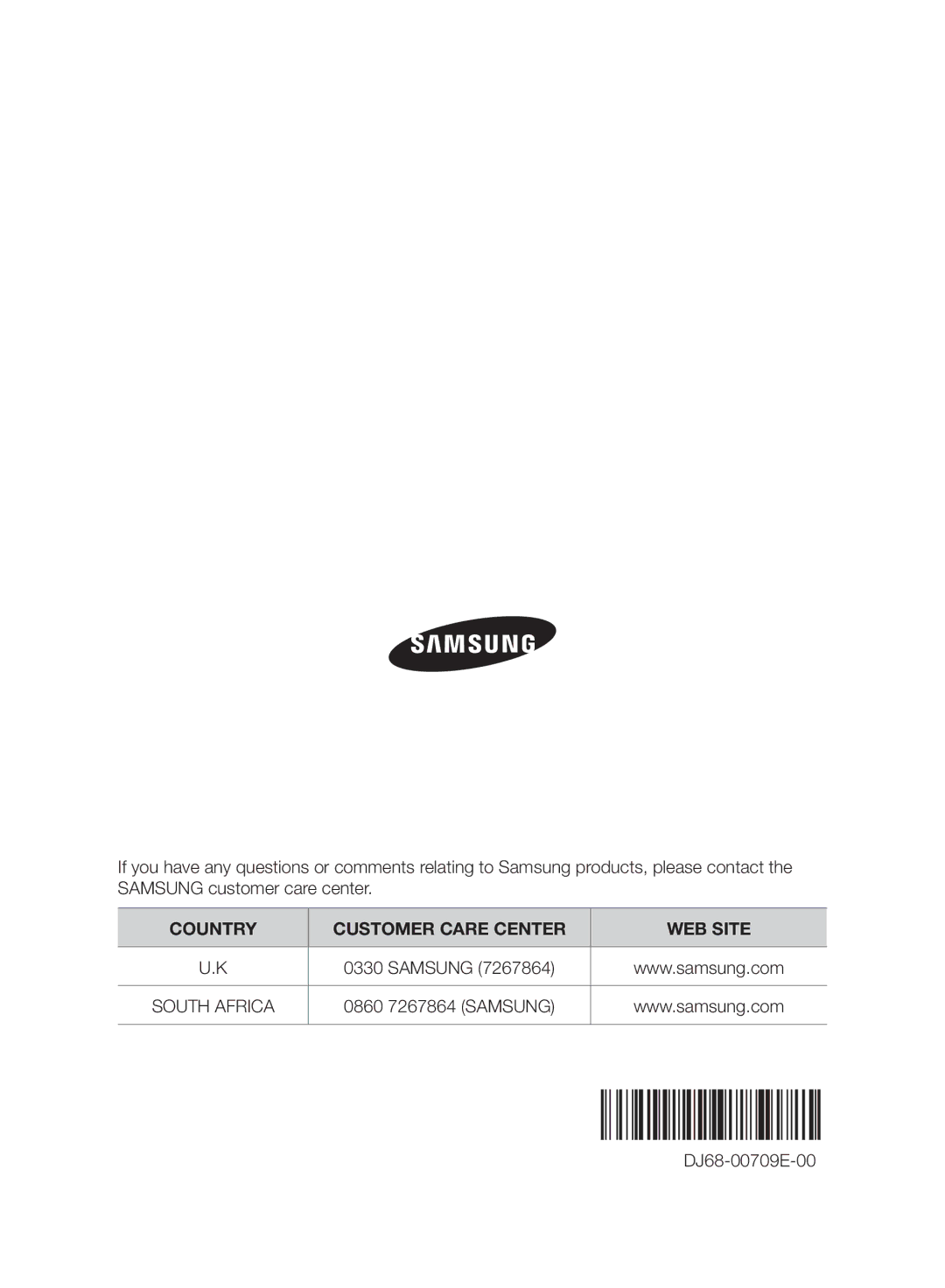 Samsung VU10F40SBDD/EU, VU10F40SBDD/ML manual Country Customer Care Center WEB Site 