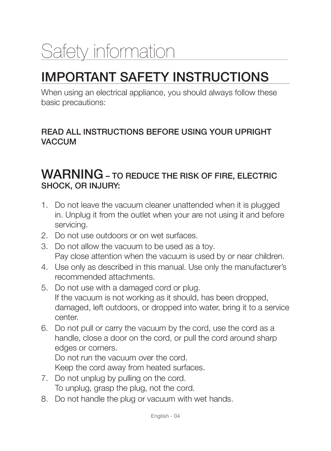 Samsung VU10F40SBDD/EU, VU10F40SBDD/ML manual Important Safety Instructions 