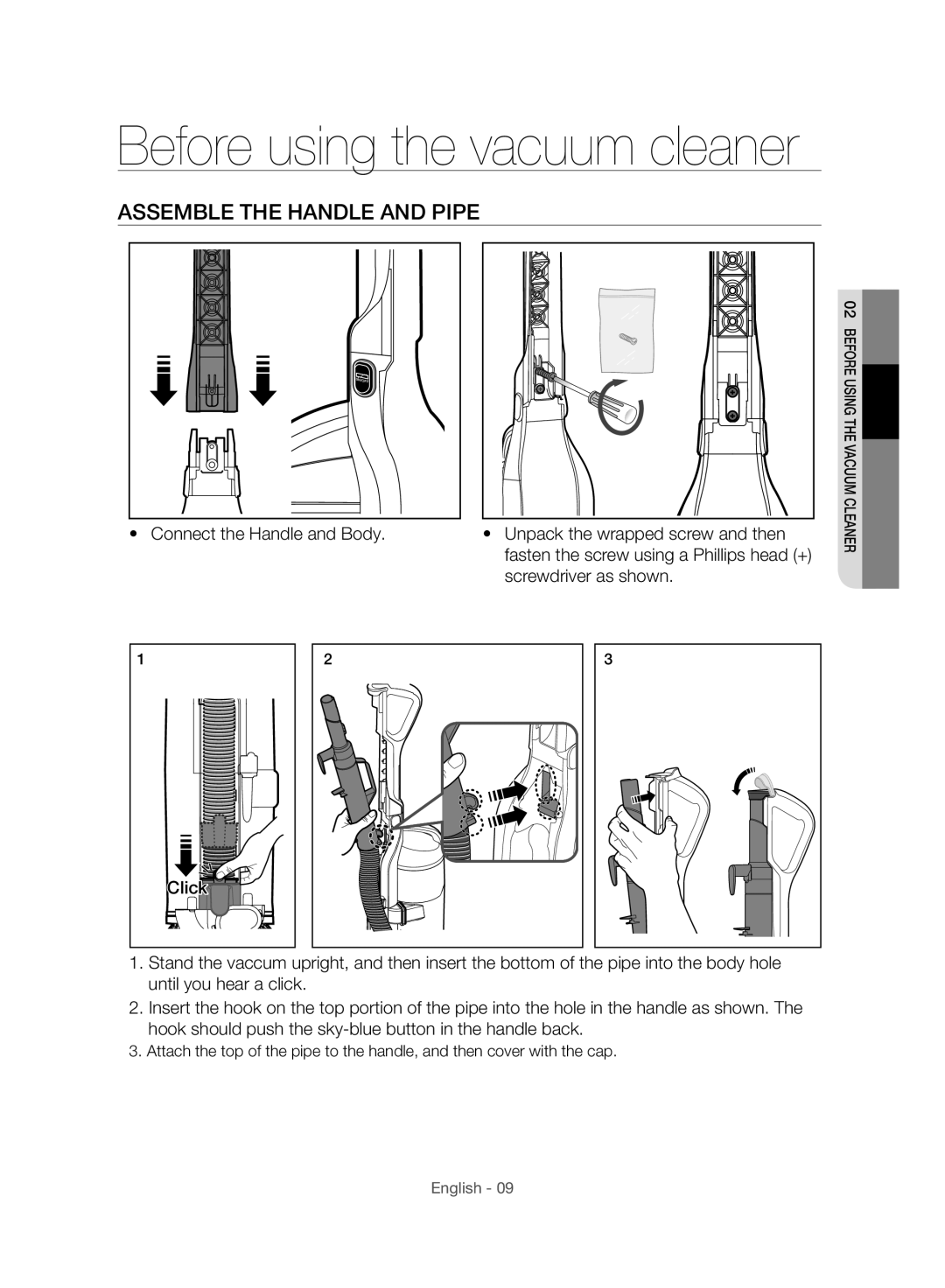 Samsung VU10F40SBDD/ML, VU10F40SBDD/EU manual Before using the vacuum cleaner, Assemble the Handle and Pipe 