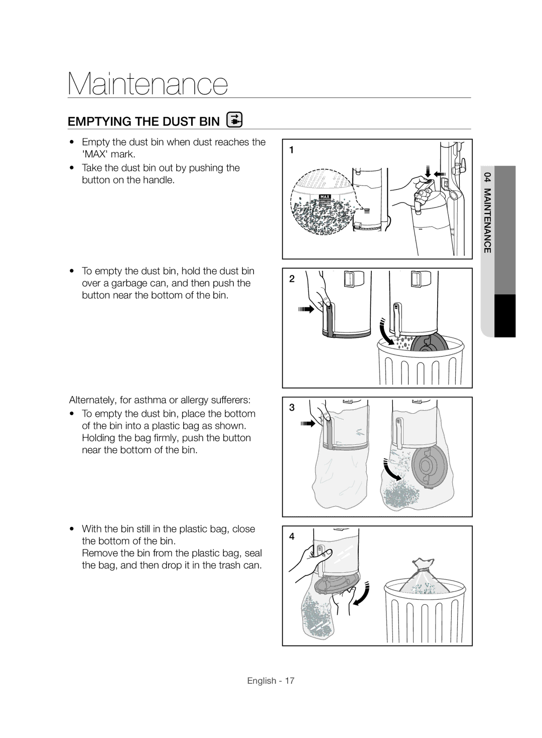 Samsung VU10F70SHAF/SA, VU10F70SHDC/SA, VU10F70SHDC/ML manual Maintenance, Emptying the Dust BIN 