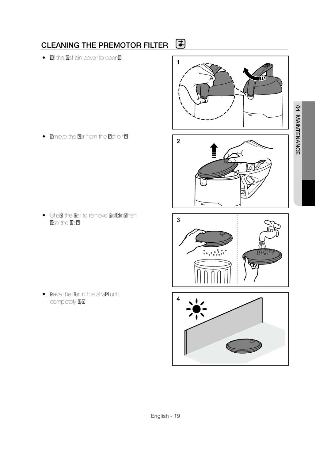 Samsung VU10F70SHDC/ML, VU10F70SHDC/SA, VU10F70SHAF/SA manual Cleaning the Premotor Filter 