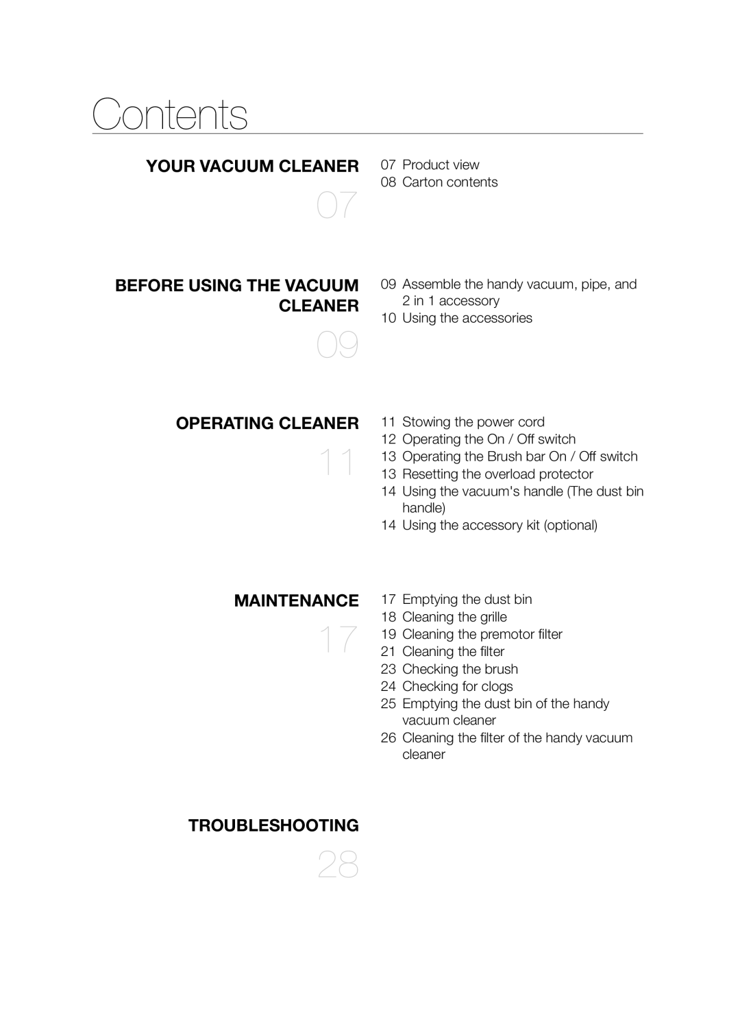 Samsung VU10F70SHAF/SA, VU10F70SHDC/SA, VU10F70SHDC/ML manual Contents 