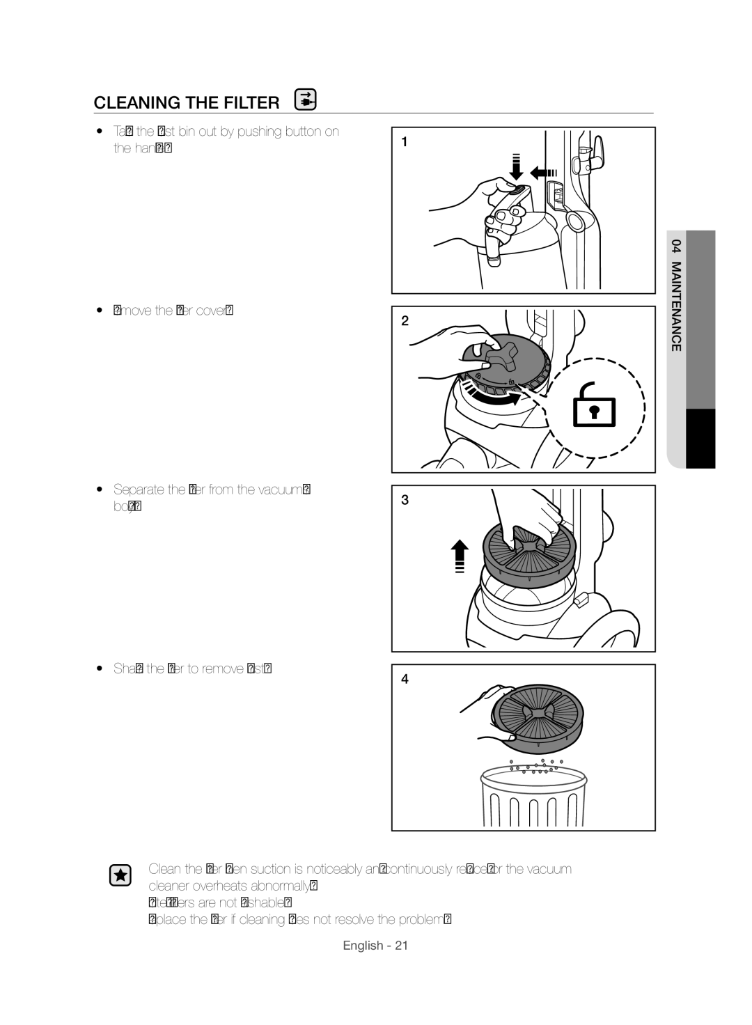 Samsung VU10F70SHDC/SA, VU10F70SHDC/ML, VU10F70SHAF/SA manual Cleaning the Filter 