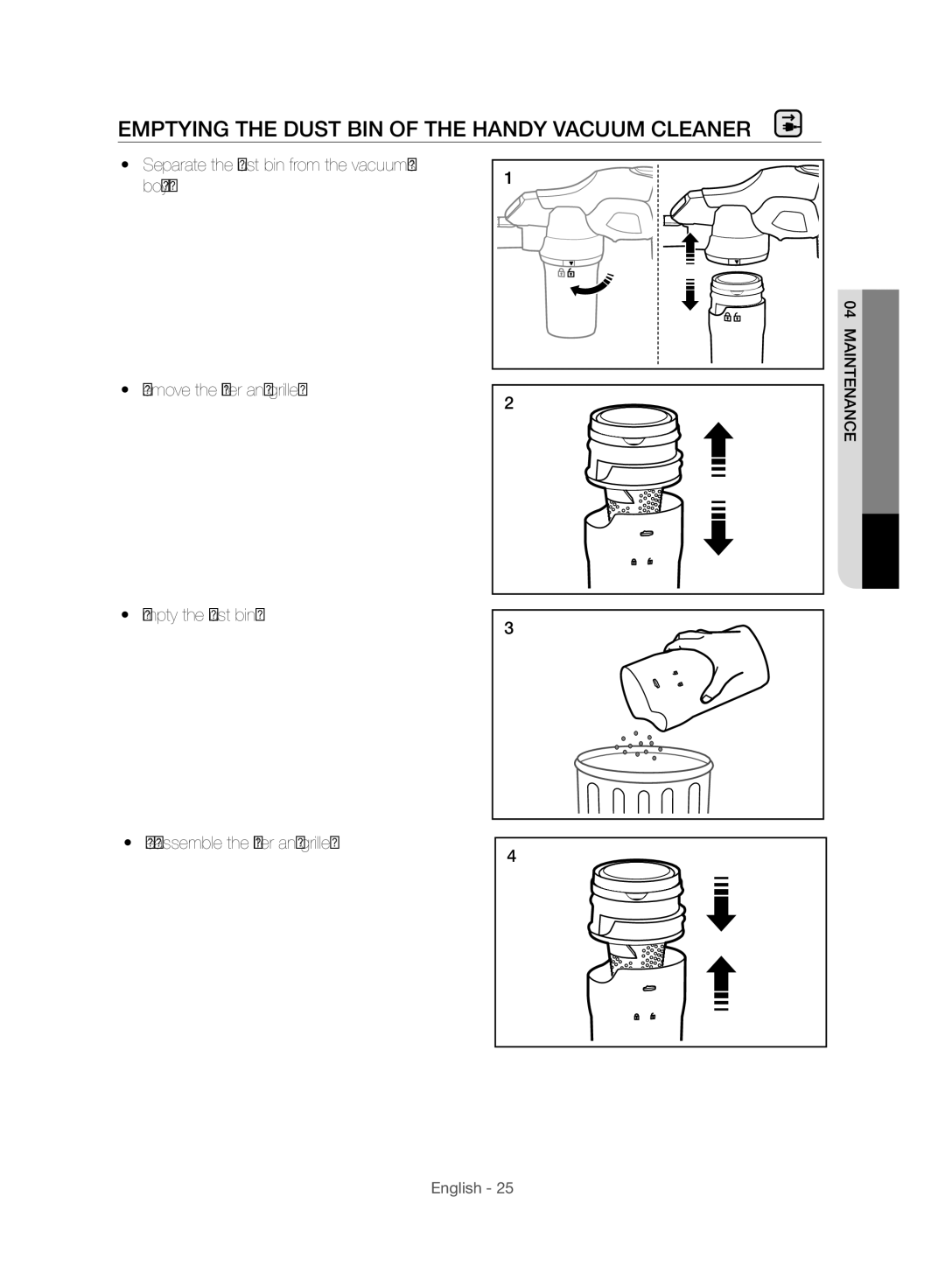 Samsung VU10F70SHDC/ML, VU10F70SHDC/SA, VU10F70SHAF/SA manual Emptying the Dust BIN of the Handy Vacuum Cleaner 