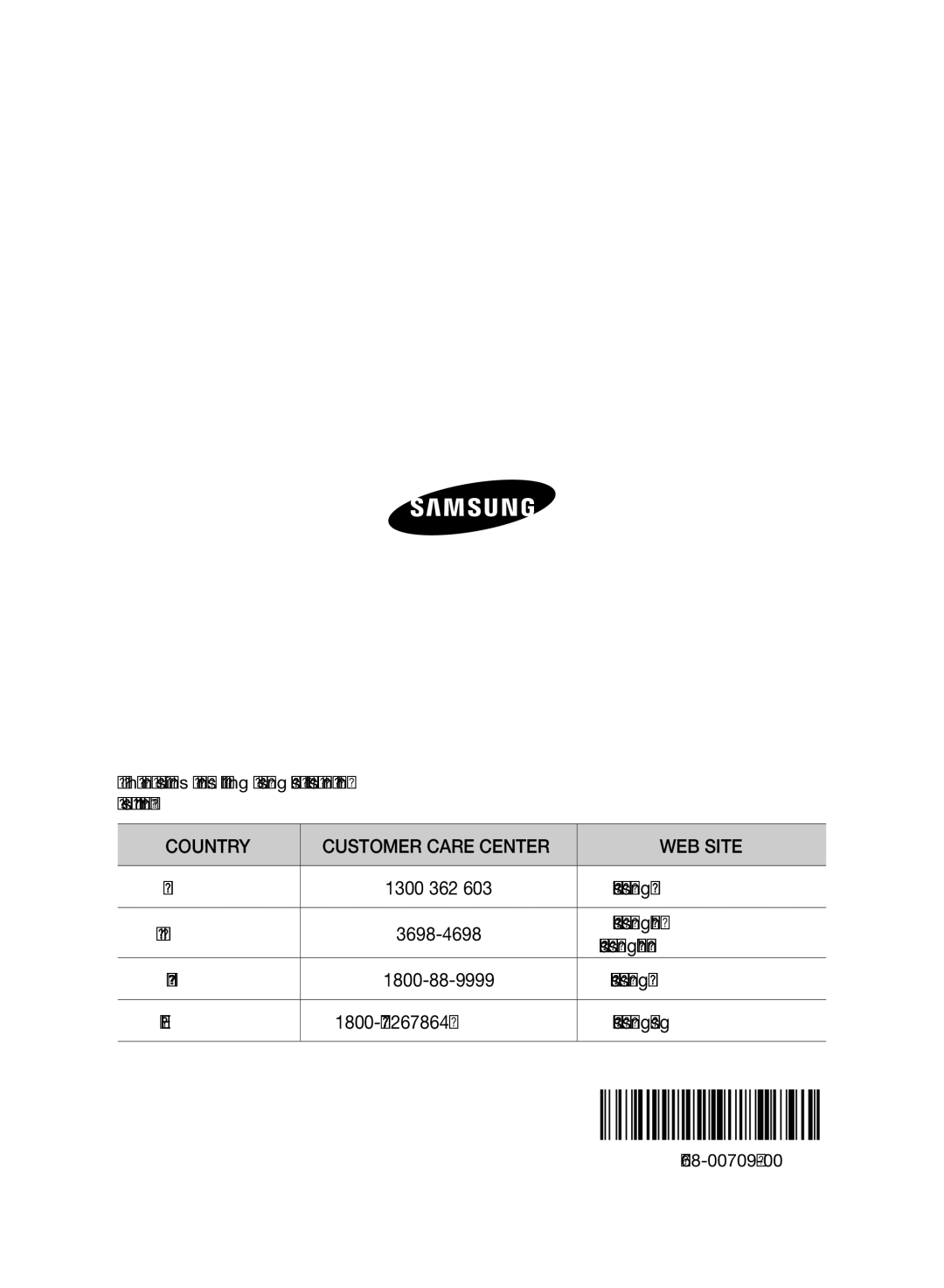 Samsung VU10F70SHAF/SA, VU10F70SHDC/SA, VU10F70SHDC/ML manual Country Customer Care Center WEB Site 