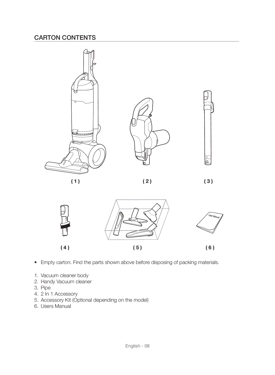 Samsung VU10F70SHAF/SA, VU10F70SHDC/SA, VU10F70SHDC/ML manual Carton Contents 