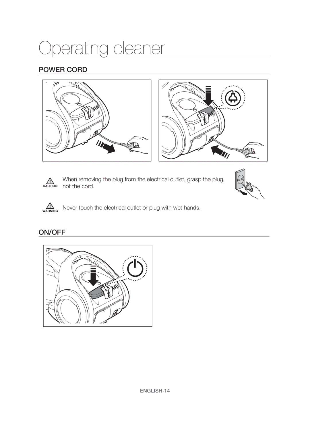 Samsung VW17H9090HC/HC manual Operating cleaner, Power Cord, On/Off 