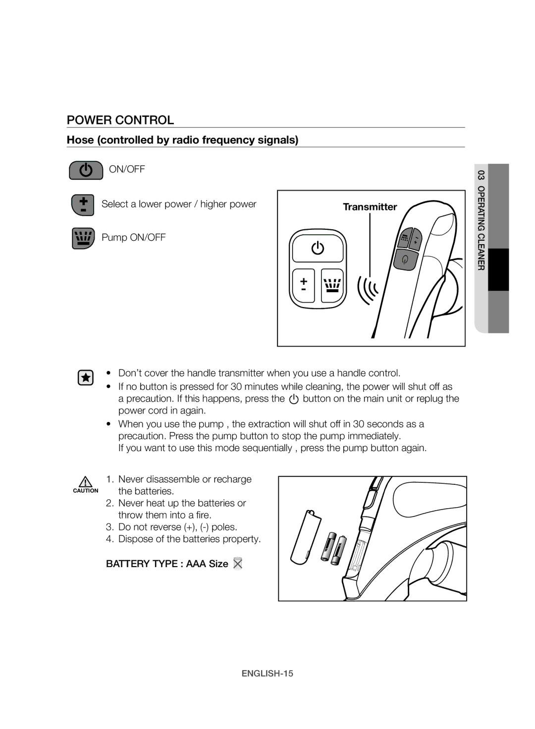 Samsung VW17H9090HC/HC manual Power Control, Hose controlled by radio frequency signals 