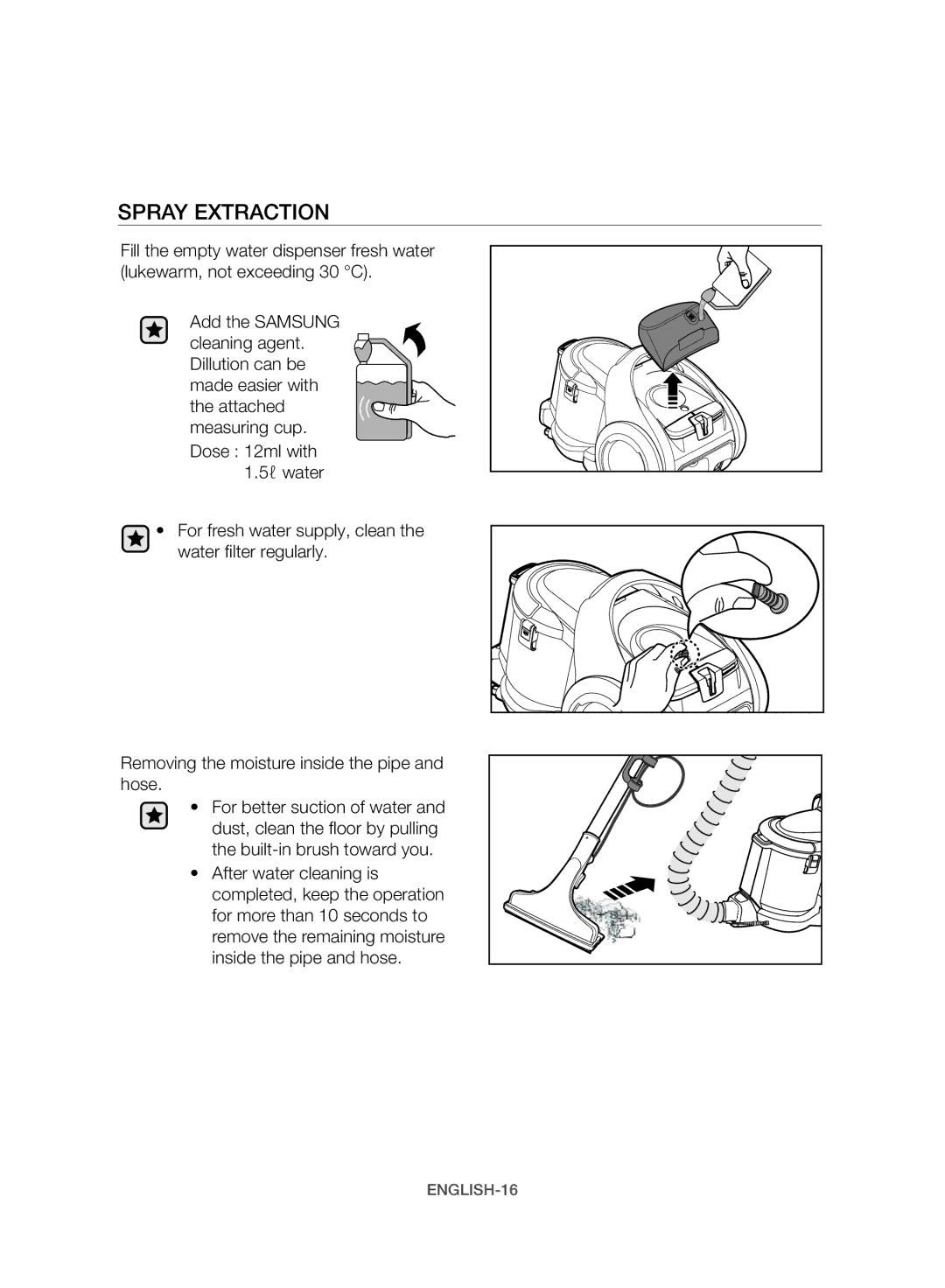 Samsung VW17H9090HC/HC manual Spray Extraction 