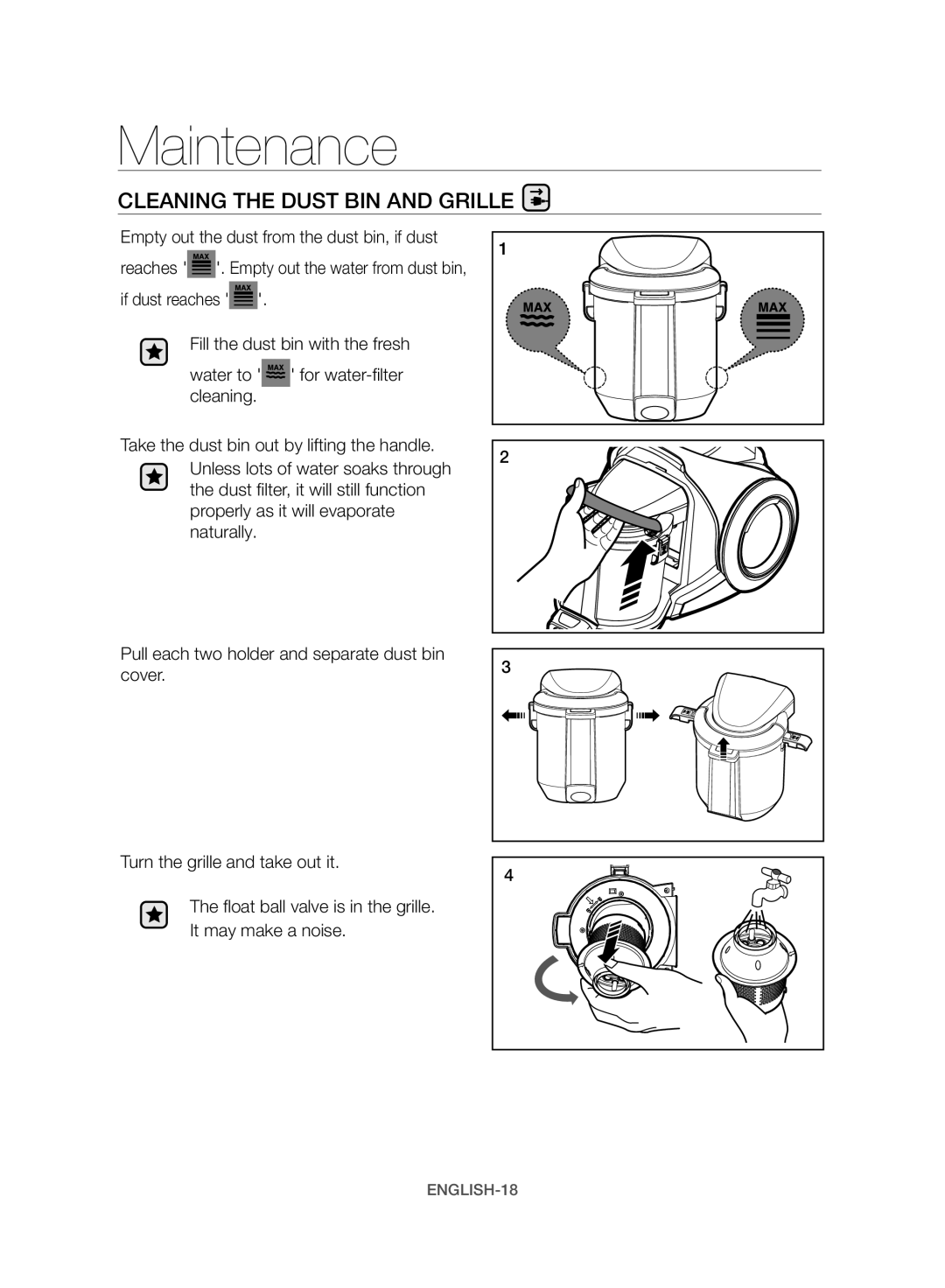 Samsung VW17H9090HC/HC manual Maintenance, Cleaning the Dust BIN and Grille 