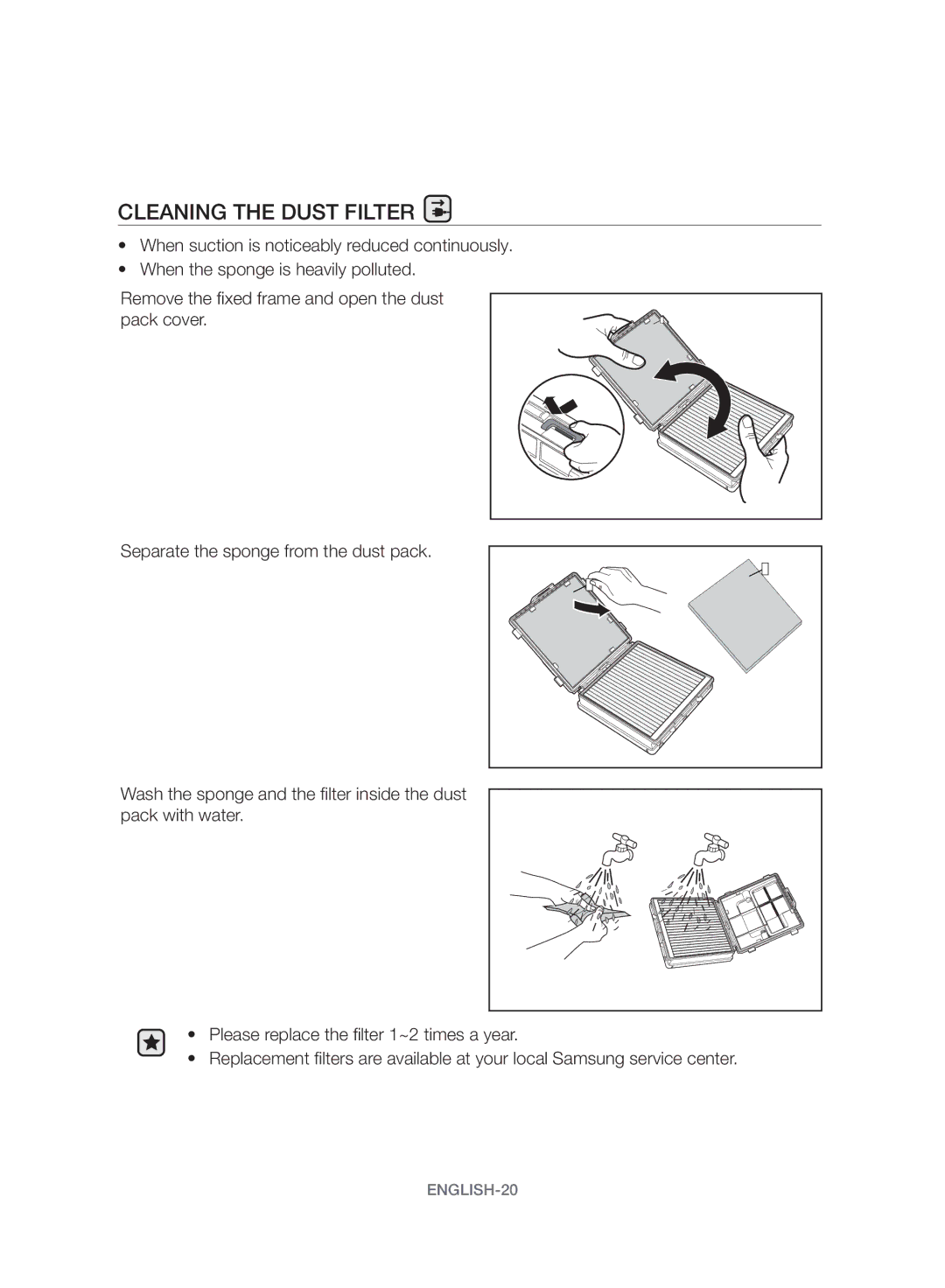 Samsung VW17H9090HC/HC manual Cleaning the Dust Filter 