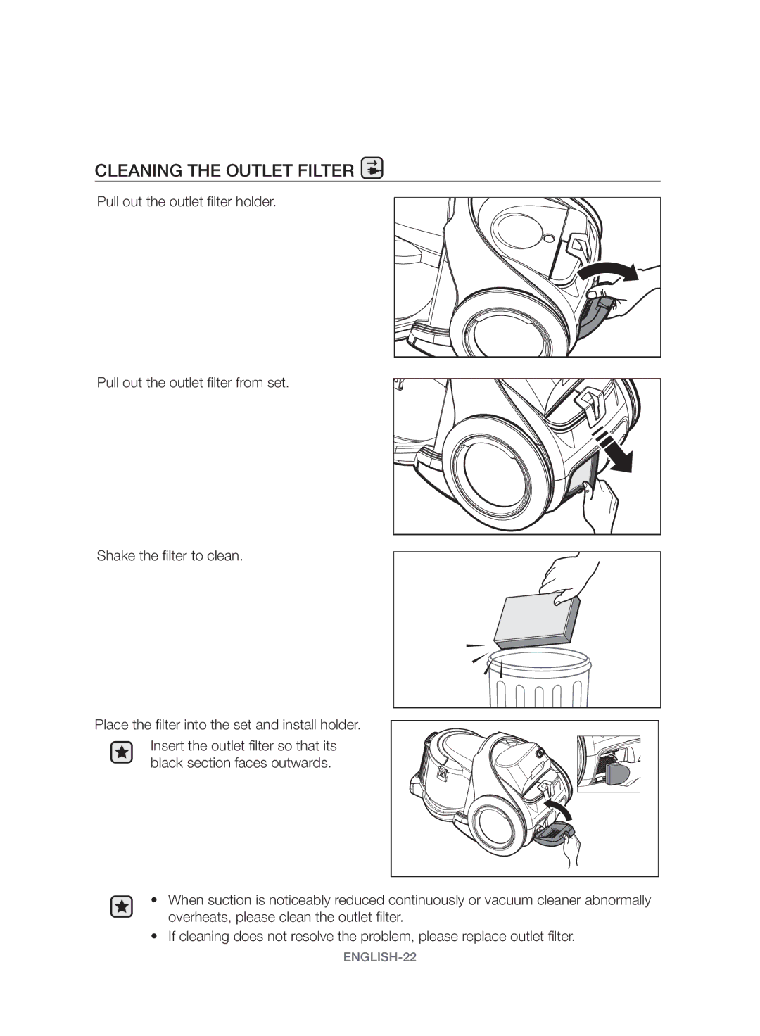 Samsung VW17H9090HC/HC manual Cleaning the Outlet Filter 