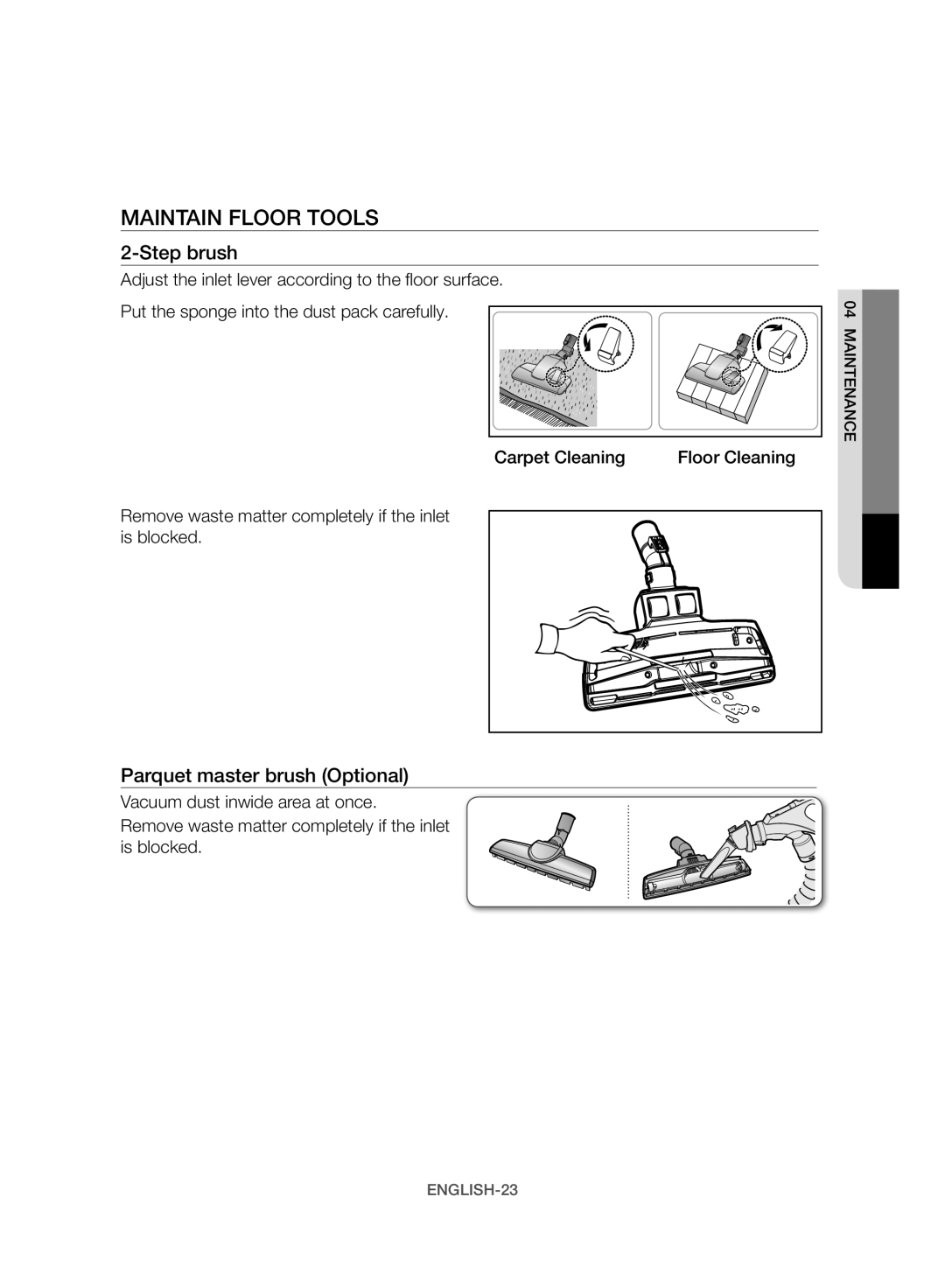 Samsung VW17H9090HC/HC manual Maintain Floor Tools, Step brush 