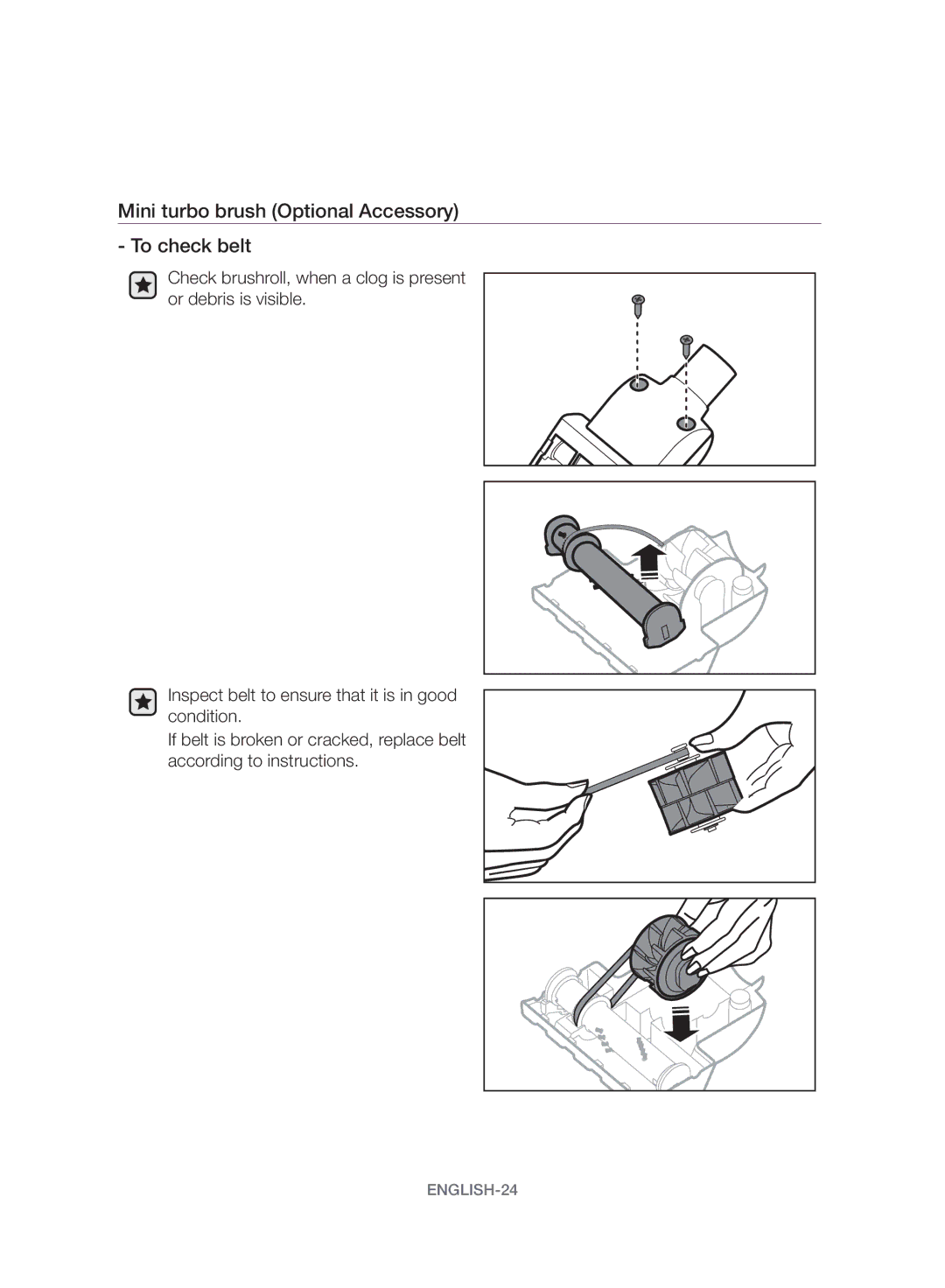 Samsung VW17H9090HC/HC manual Mini turbo brush Optional Accessory To check belt 