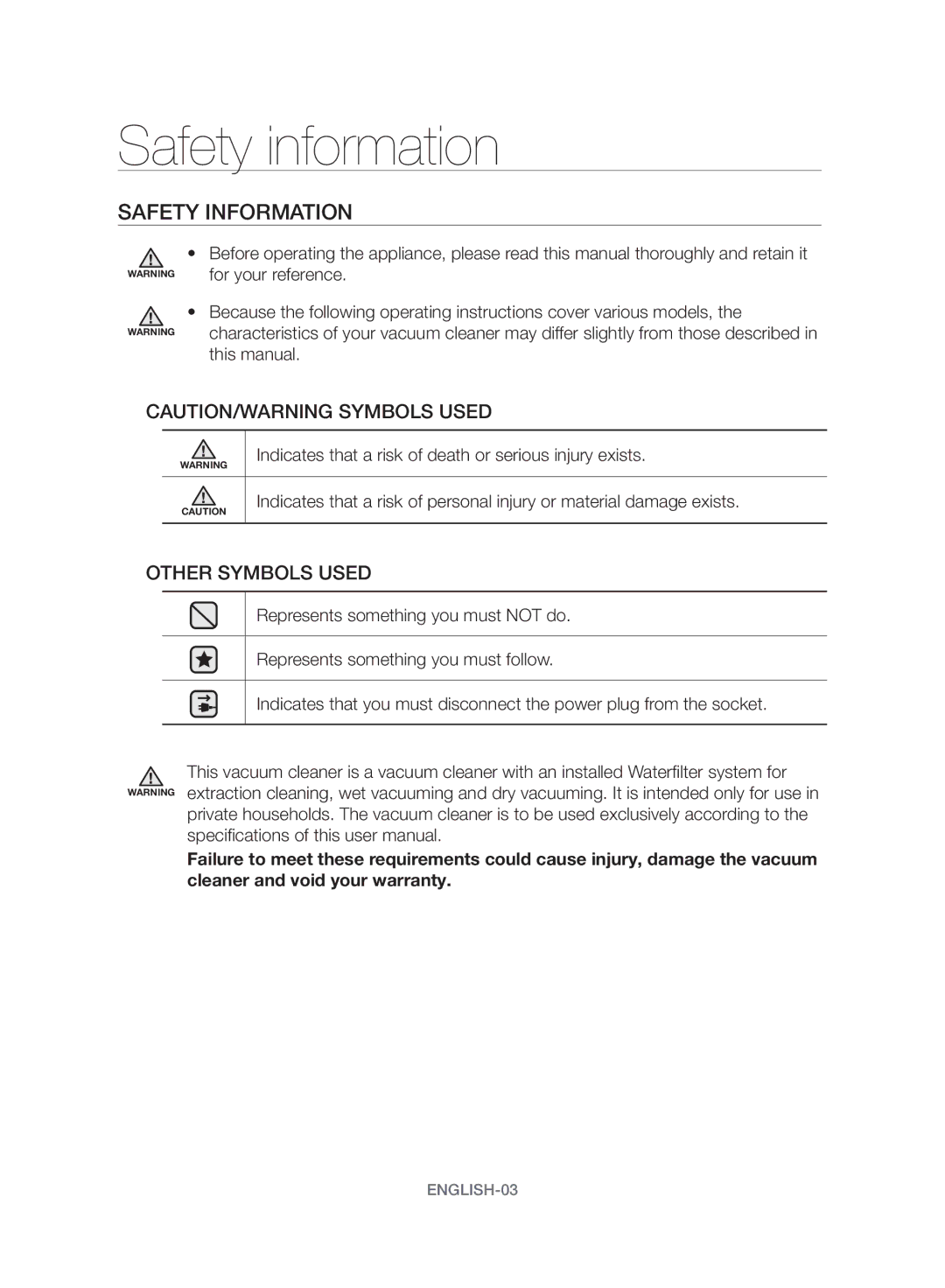 Samsung VW17H9090HC/HC manual Safety information, Safety Information 