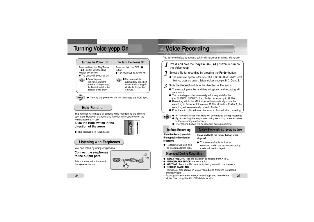 Samsung VY-H200 Voice Recording, Hold Function, Listening with Earphones, Slide the Hold switch, Direction of the arrow 