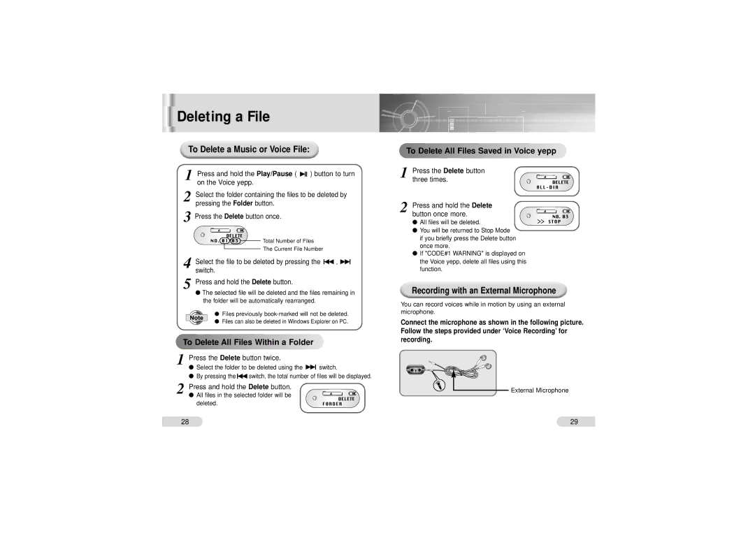 Samsung VY-H200 manual Deleting a File, To Delete a Music or Voice File, To Delete All Files Within a Folder 