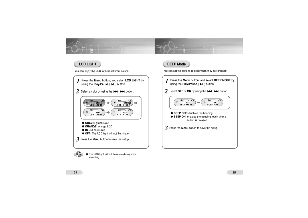 Samsung VY-H200 manual LCD Light, Beep Mode, Or on, Beep OFF disables the beeping 