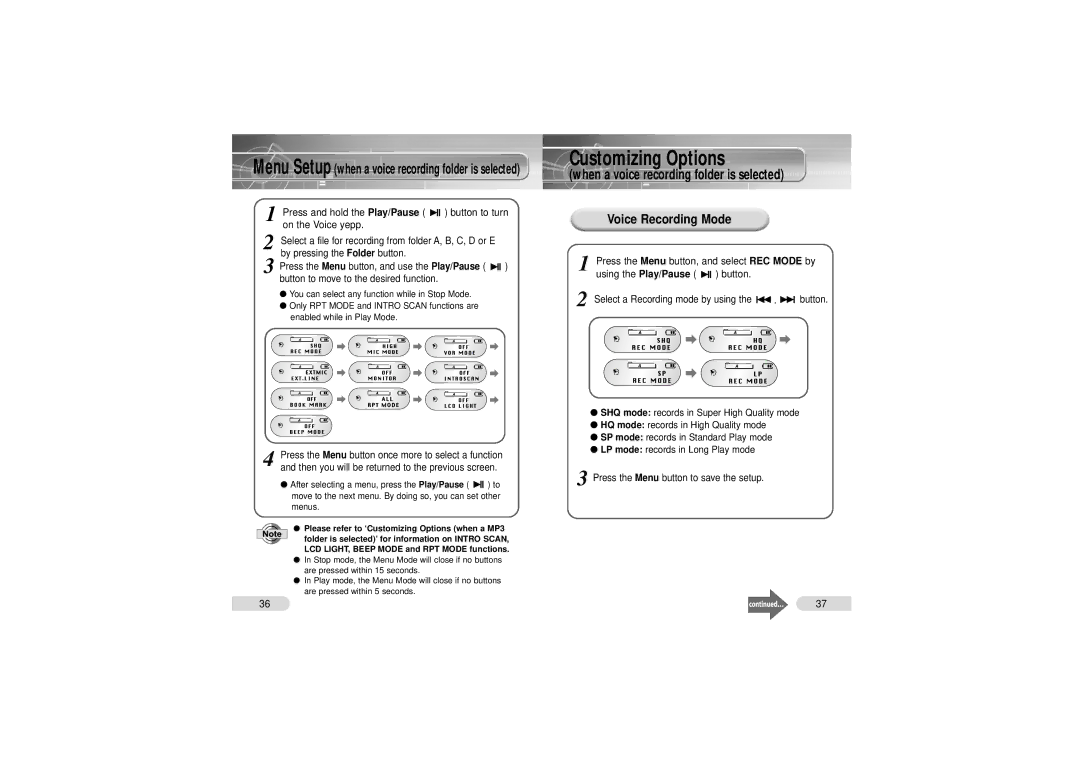 Samsung VY-H200 Voice Recording Mode, Button Press, Button to move to the desired function, Records in Long Play mode 