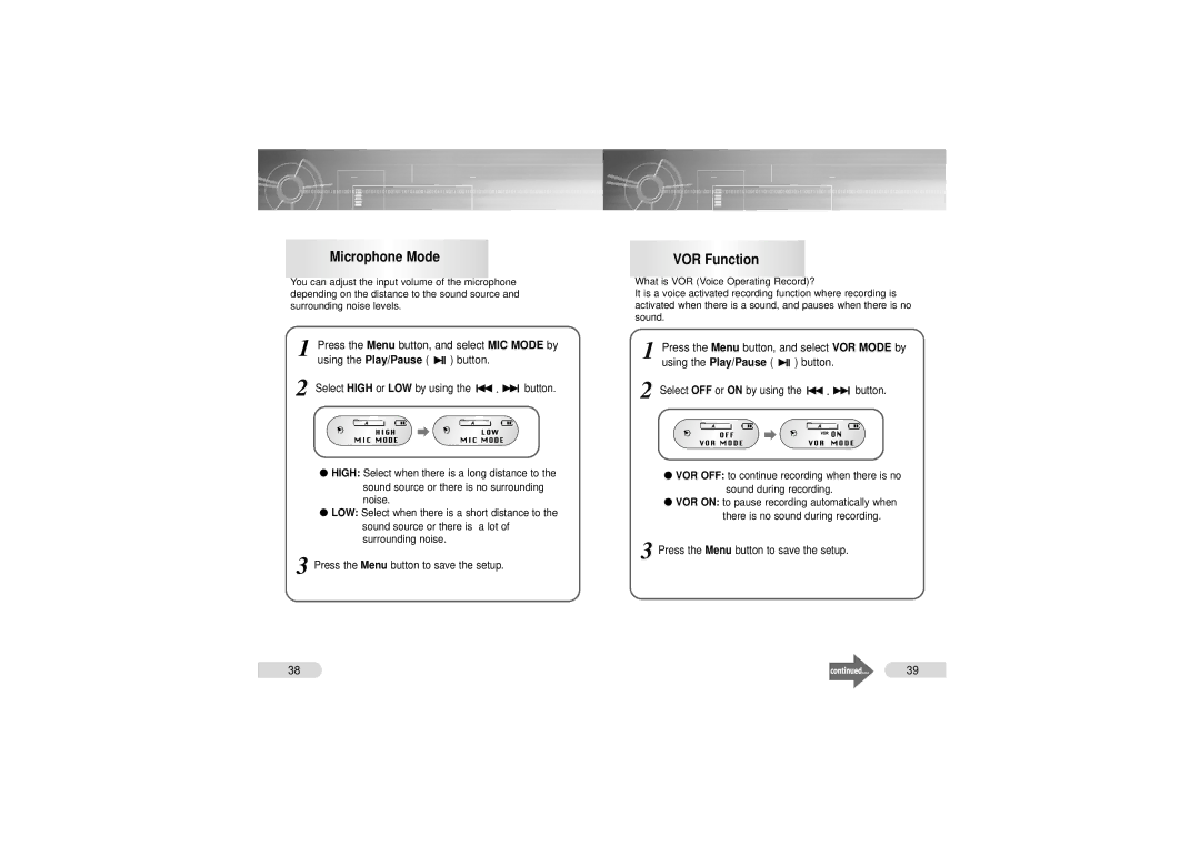 Samsung VY-H200 manual Microphone Mode, VOR Function, MIC Mode, Low, VOR Mode 