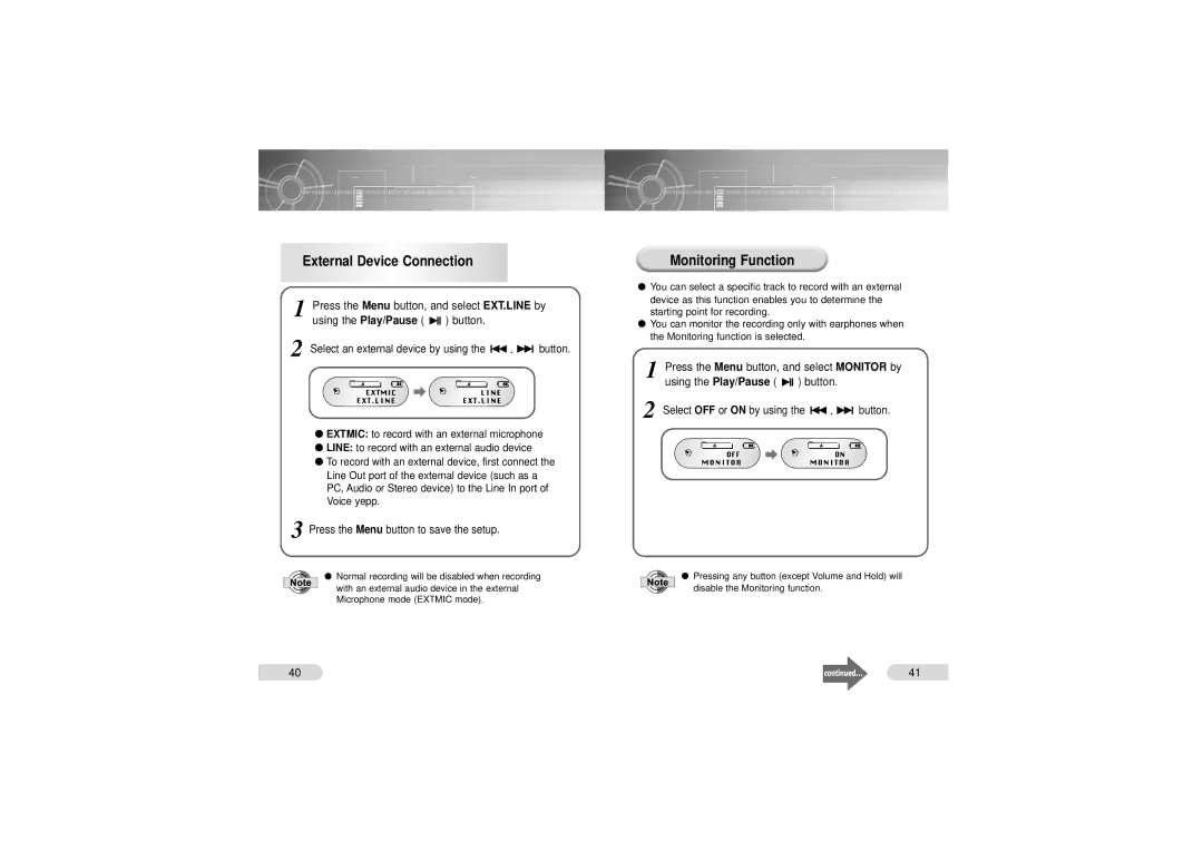 Samsung VY-H200 manual External Device Connection, Monitoring Function, Ext.Line 