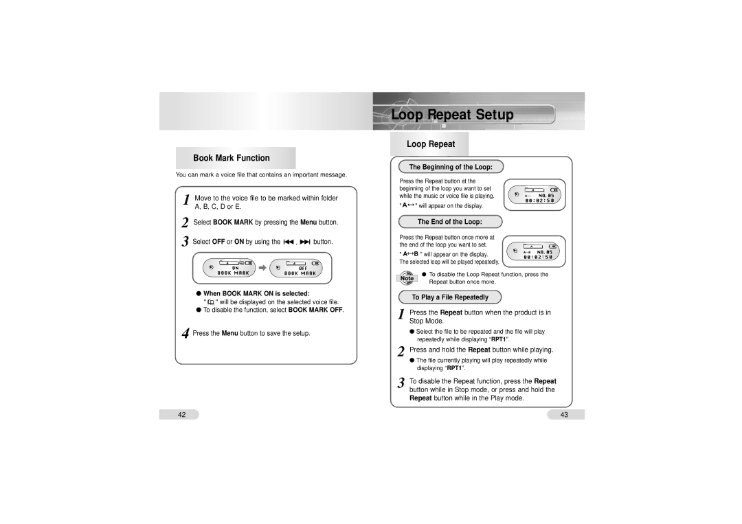 Samsung VY-H200 manual Loop Repeat Setup, Book Mark Function, Off 