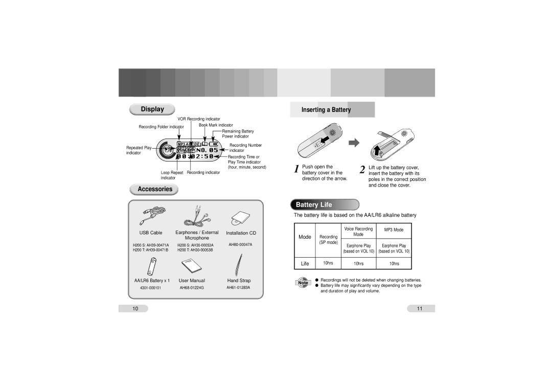 Samsung VY-H200 manual Display, Accessories, Inserting a Battery 