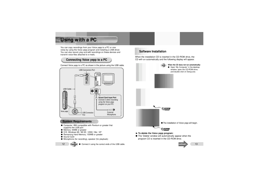 Samsung VY-H200 manual Using with a PC, Connecting Voice yepp to a PC, Software Installation, System Requirements 