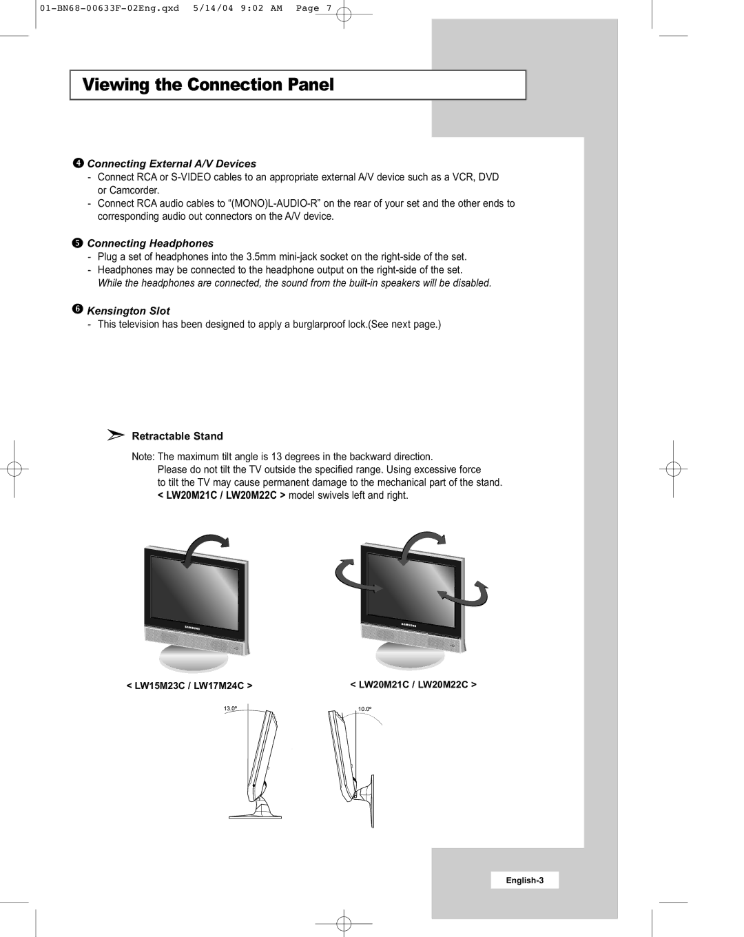 Samsung W17M24C manual Connecting External A/V Devices, Connecting Headphones, Kensington Slot, Retractable Stand 