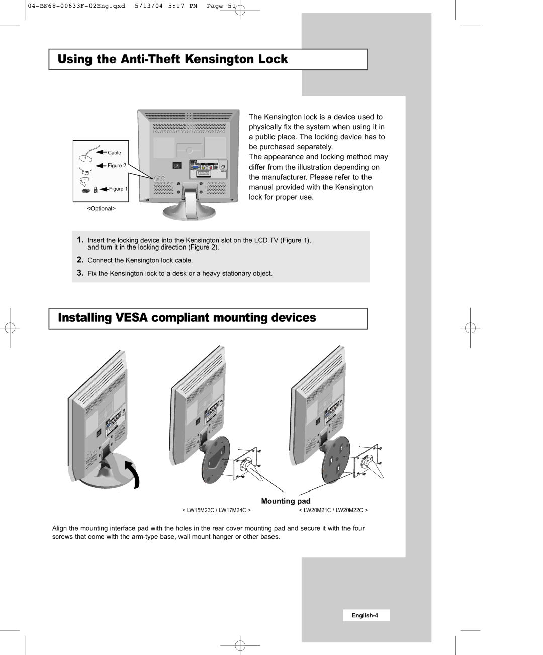 Samsung W17M24C manual Using the Anti-Theft Kensington Lock, Installing Vesa compliant mounting devices, Mounting pad 