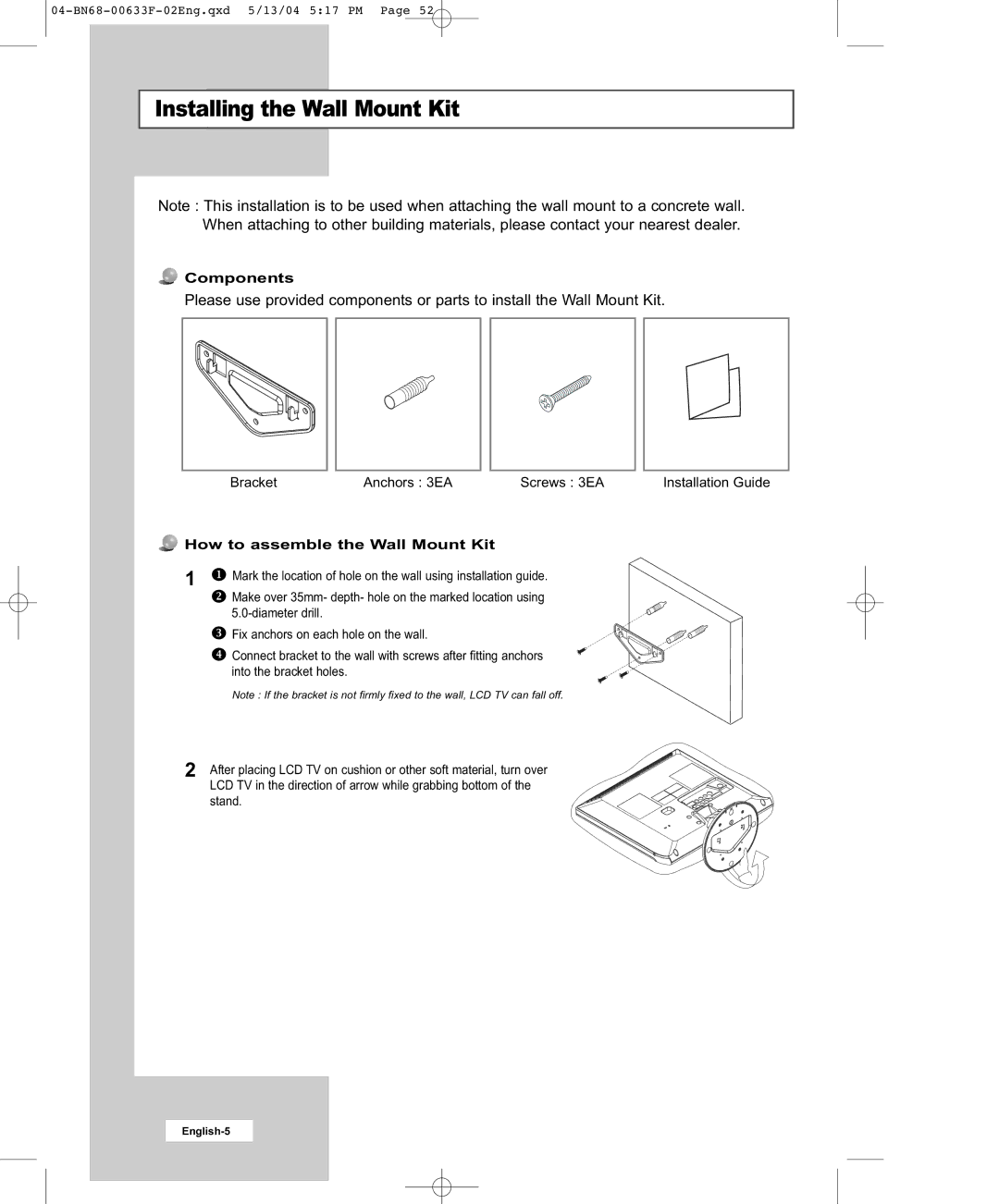 Samsung W17M24C manual Installing the Wall Mount Kit, Components, How to assemble the Wall Mount Kit 