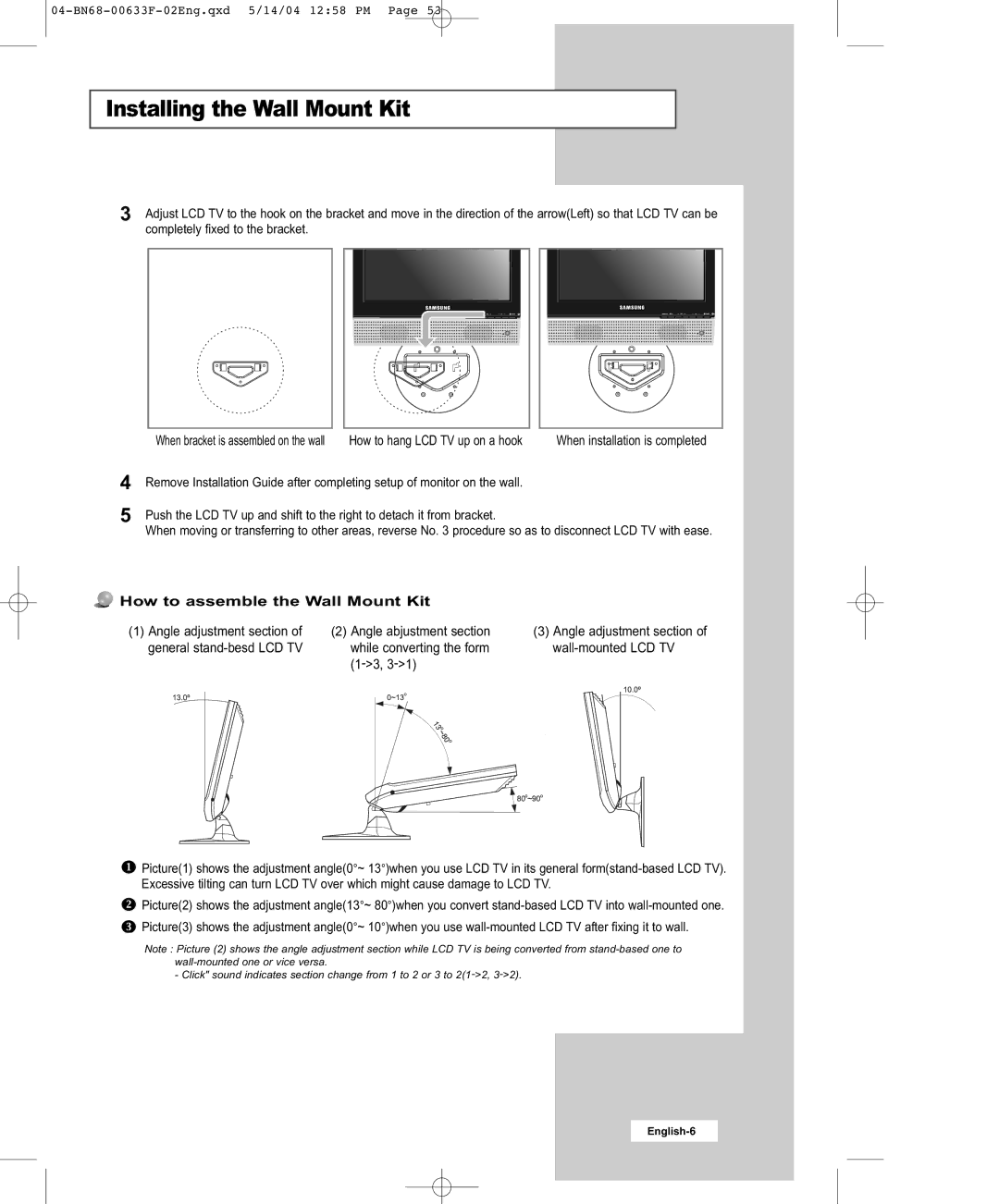 Samsung W17M24C manual Angle adjustment section Angle abjustment section 