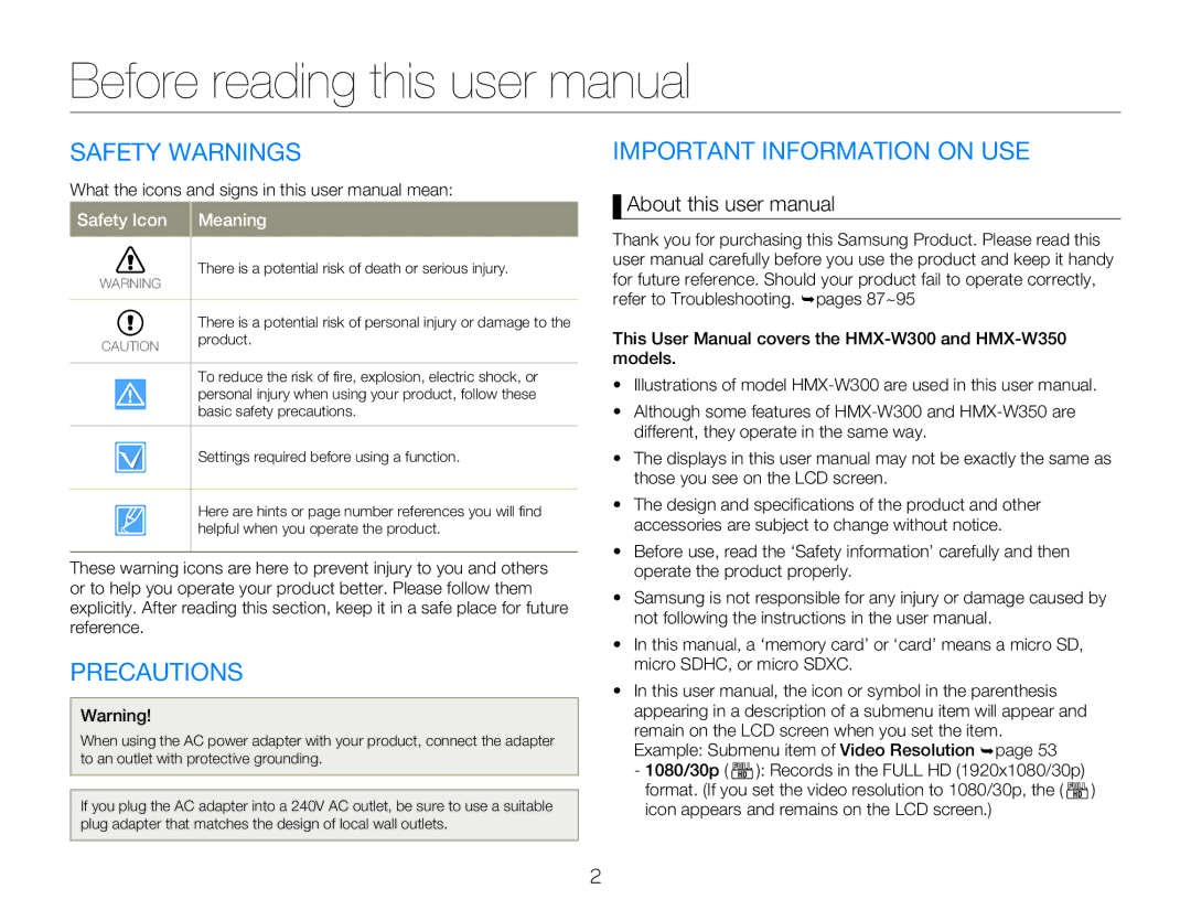 Samsung HMXW300YNX user manual Safety Warnings, Precautions, Important Information on USE 