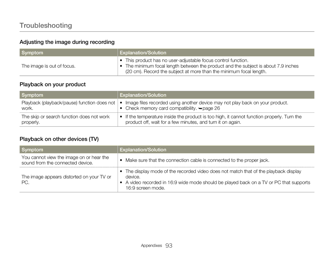 Samsung HMXW300YNX user manual Adjusting the image during recording, Playback on your product, Playback on other devices TV 